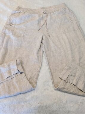 Athleta Linen Blend Wide Leg Pants Beige Casual Drawstring (XL) - CB